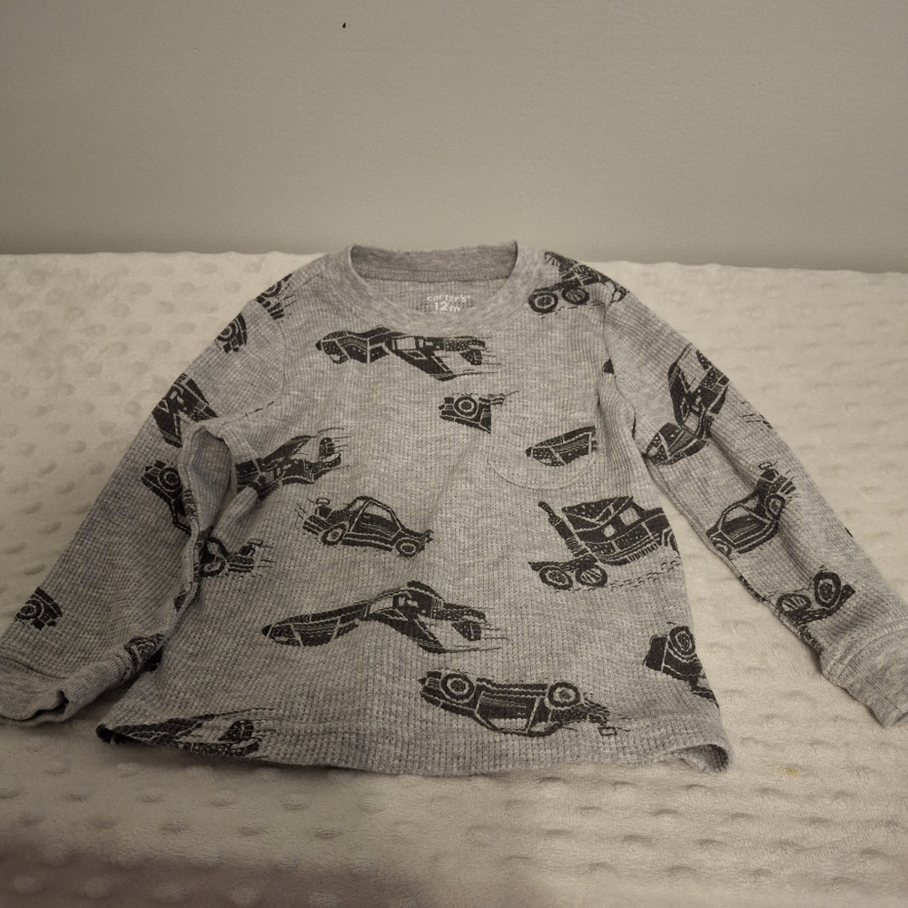 Gray Long Sleeve Shirt with Vehicle Print